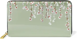 Carp in Spring Pond Cherry Blossom Japanese Fish Green Leather Long Wallet Organizer with Zipper Purse Clutch Bag for Women Men