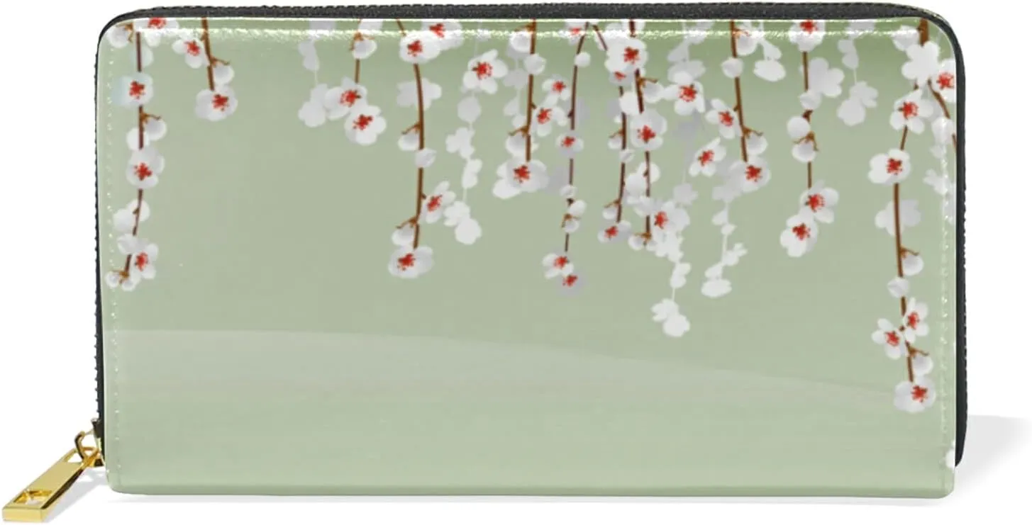Carp in Spring Pond Cherry Blossom Japanese Fish Green Leather Long Wallet Organizer with Zipper Purse Clutch Bag for Women Men