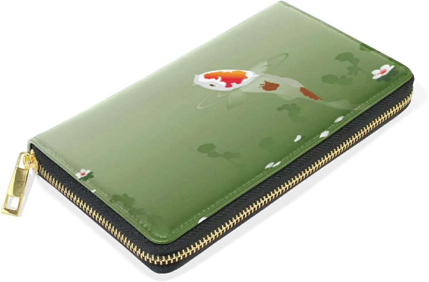 Carp in Spring Pond Cherry Blossom Japanese Fish Green Leather Long Wallet Organizer with Zipper Purse Clutch Bag for Women Men
