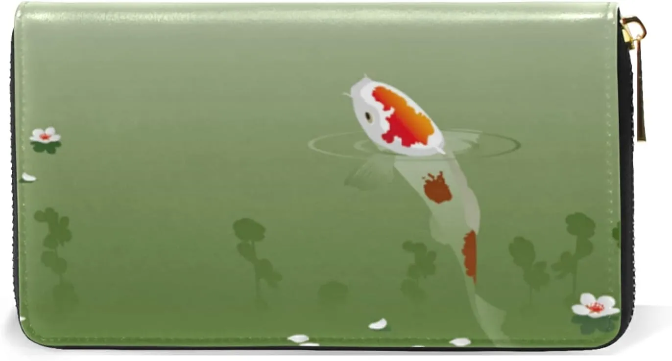 Carp in Spring Pond Cherry Blossom Japanese Fish Green Leather Long Wallet Organizer with Zipper Purse Clutch Bag for Women Men