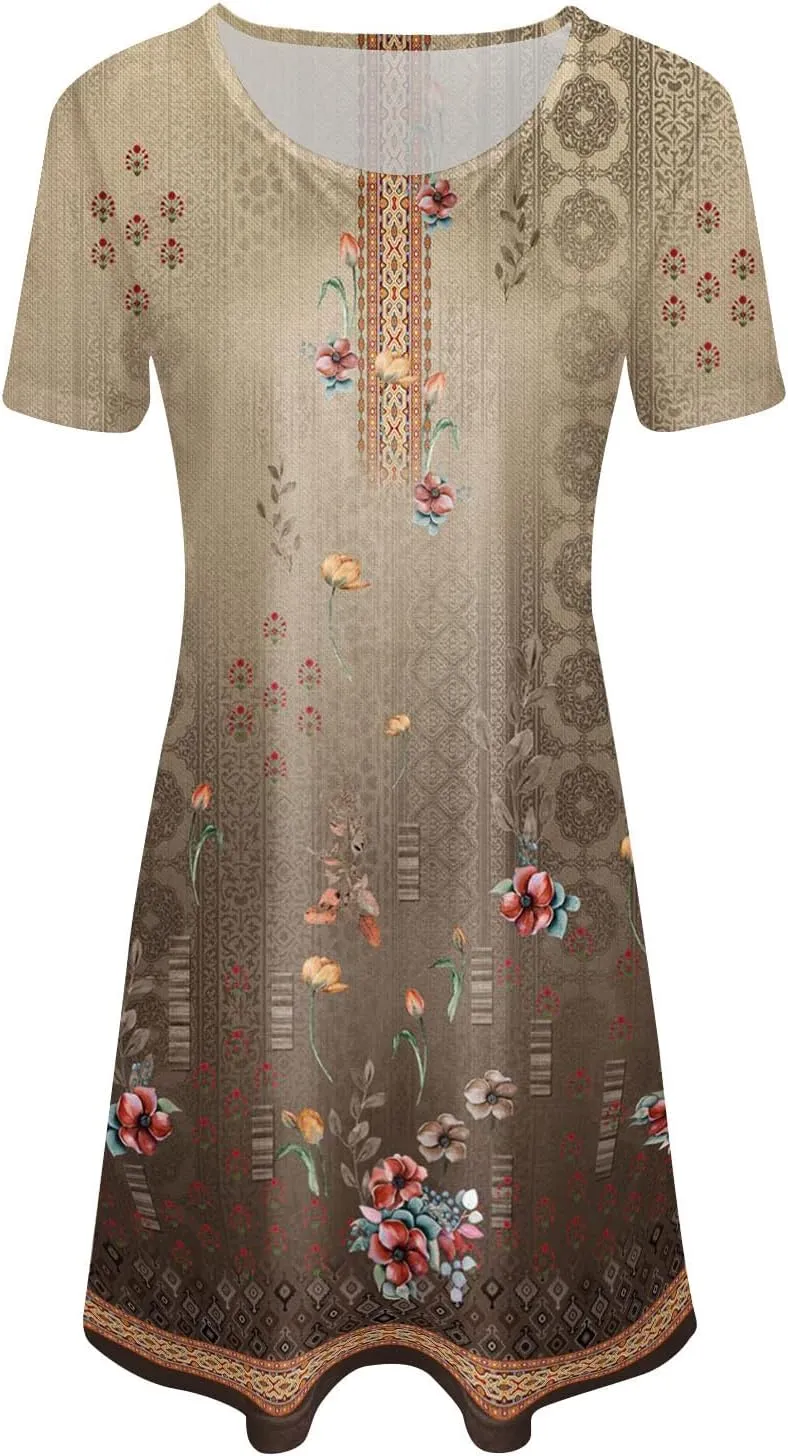 Ceboyel Womens Floral Vintage Dresses Short Sleeve Petite Dress Dressy Summer Casual Dresses Bohemian Clothes 2023