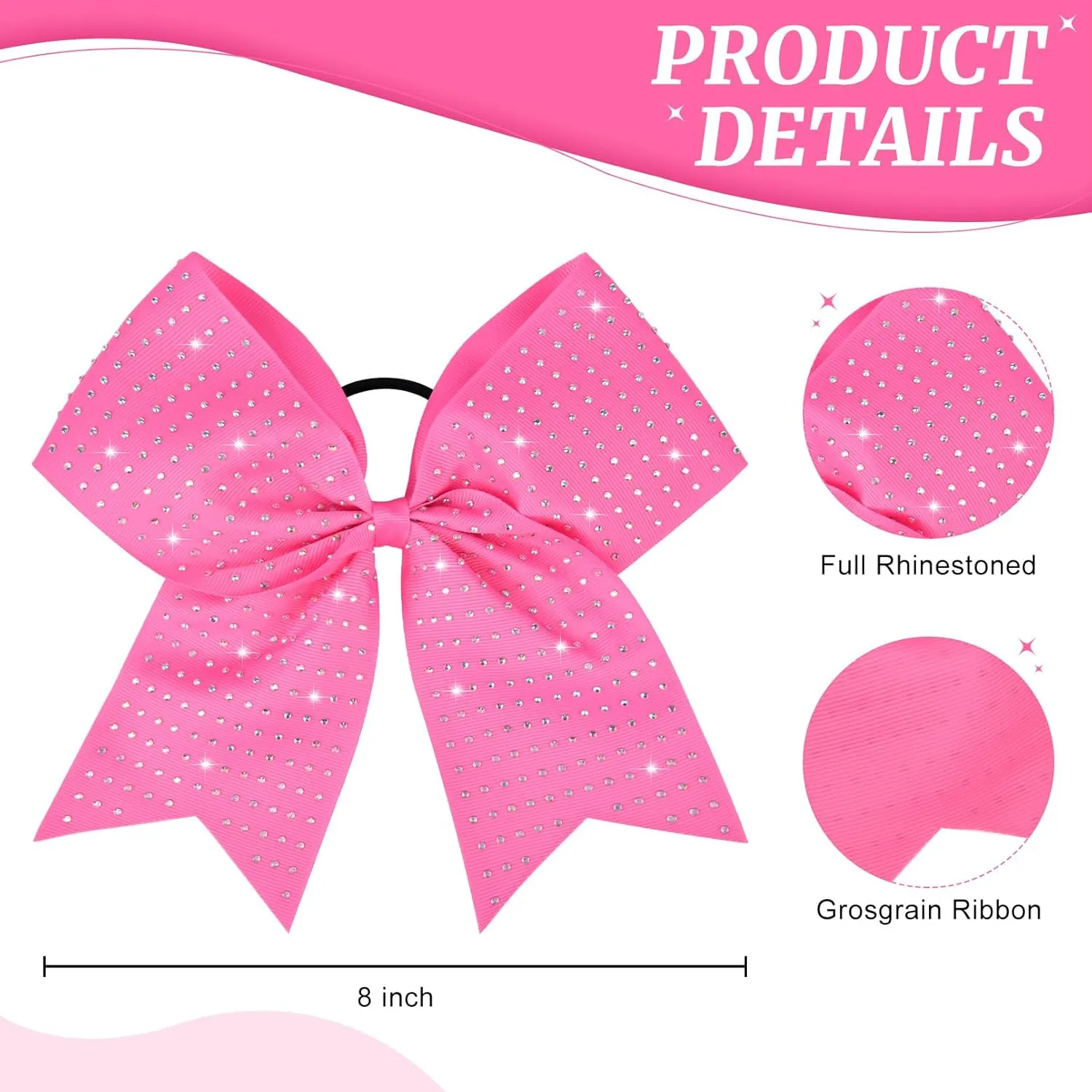 CEELGON 12 PCS Pink Glitter Cheer Bows Large 8” Full Rhinestones Shiny Cheer Bow Elastic Hair Tie Bows for Teens Girls Softball Competition Sports Cheerleaders (Pink)