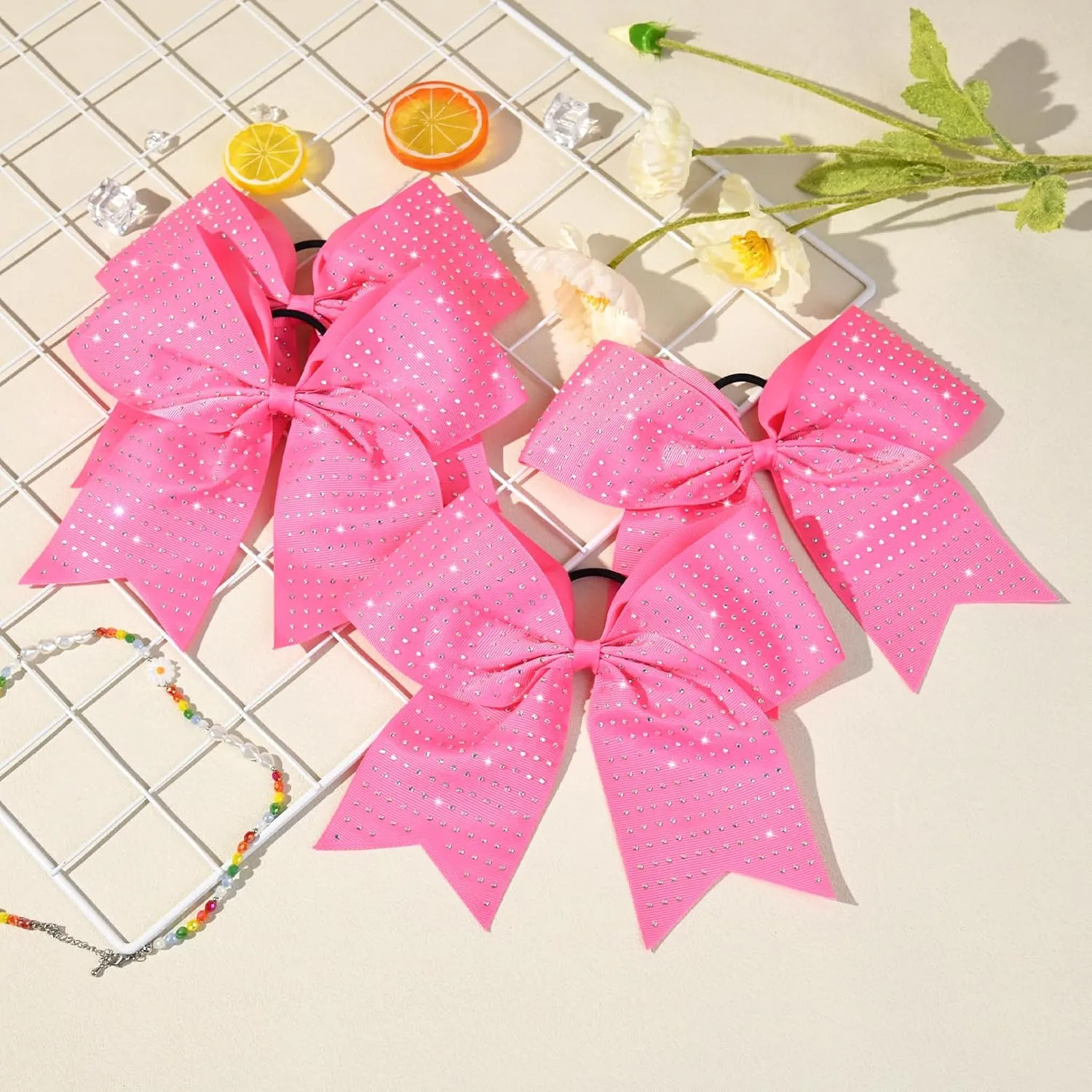 CEELGON 12 PCS Pink Glitter Cheer Bows Large 8” Full Rhinestones Shiny Cheer Bow Elastic Hair Tie Bows for Teens Girls Softball Competition Sports Cheerleaders (Pink)