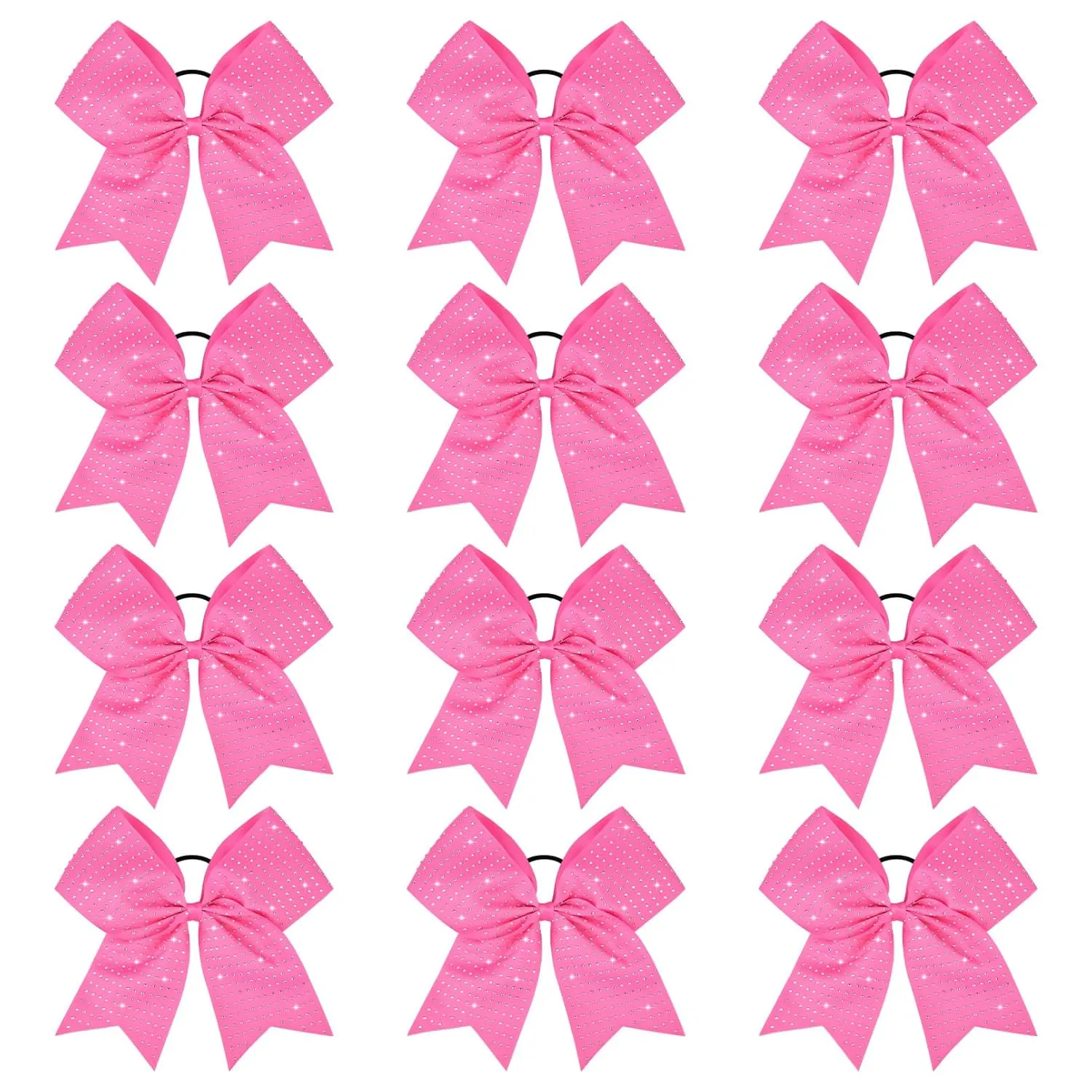 CEELGON 12 PCS Pink Glitter Cheer Bows Large 8” Full Rhinestones Shiny Cheer Bow Elastic Hair Tie Bows for Teens Girls Softball Competition Sports Cheerleaders (Pink)