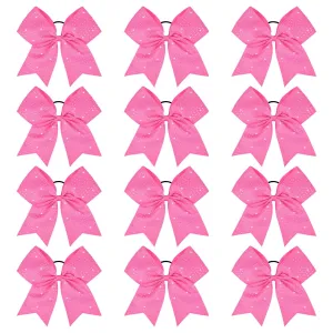 CEELGON 12 PCS Pink Glitter Cheer Bows Large 8” Full Rhinestones Shiny Cheer Bow Elastic Hair Tie Bows for Teens Girls Softball Competition Sports Cheerleaders (Pink)