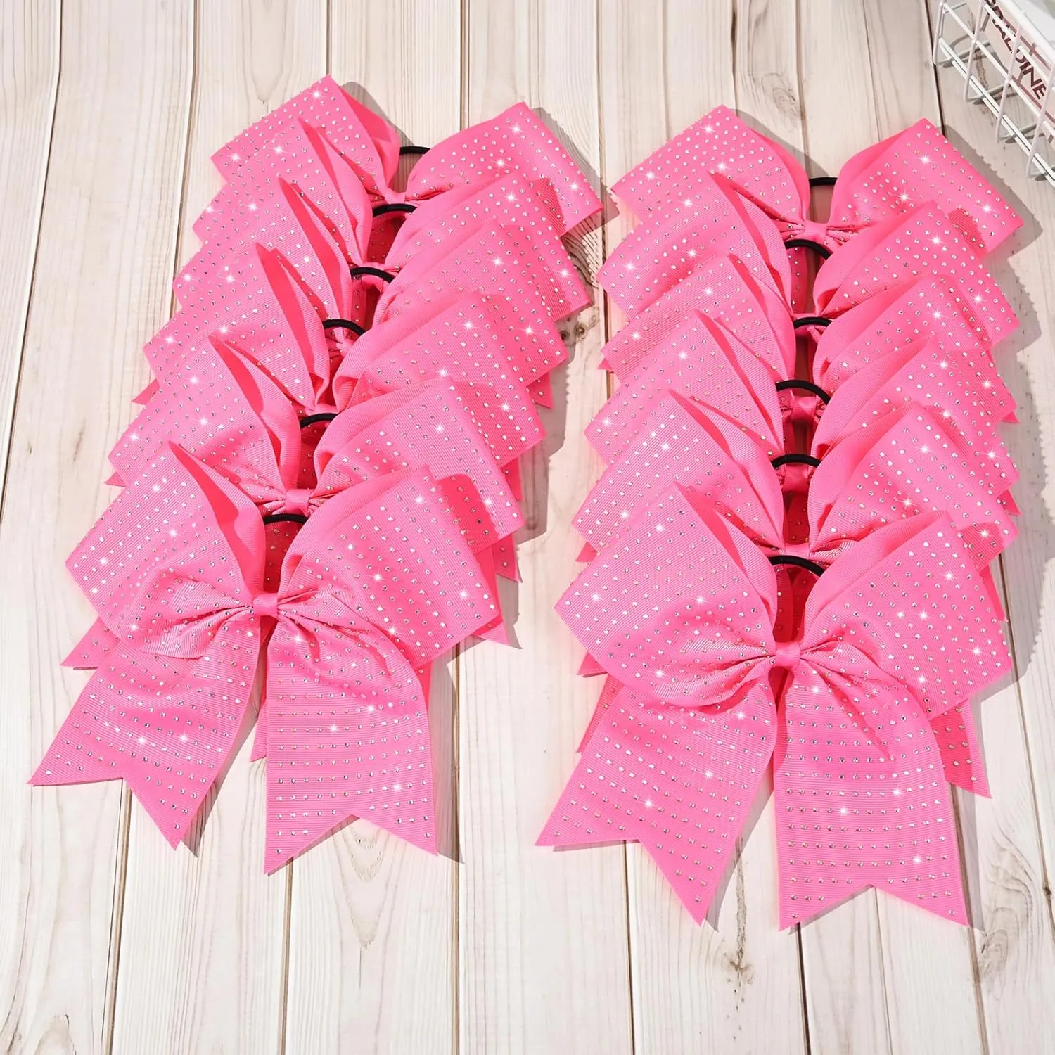 CEELGON 12 PCS Pink Glitter Cheer Bows Large 8” Full Rhinestones Shiny Cheer Bow Elastic Hair Tie Bows for Teens Girls Softball Competition Sports Cheerleaders (Pink)