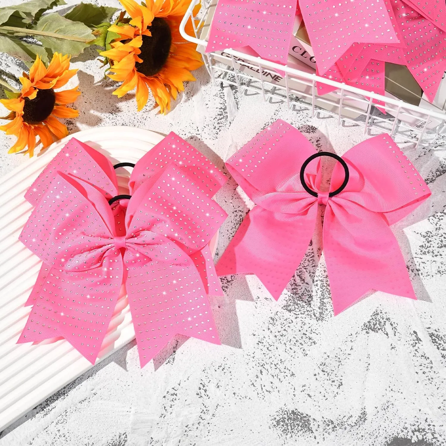 CEELGON 12 PCS Pink Glitter Cheer Bows Large 8” Full Rhinestones Shiny Cheer Bow Elastic Hair Tie Bows for Teens Girls Softball Competition Sports Cheerleaders (Pink)