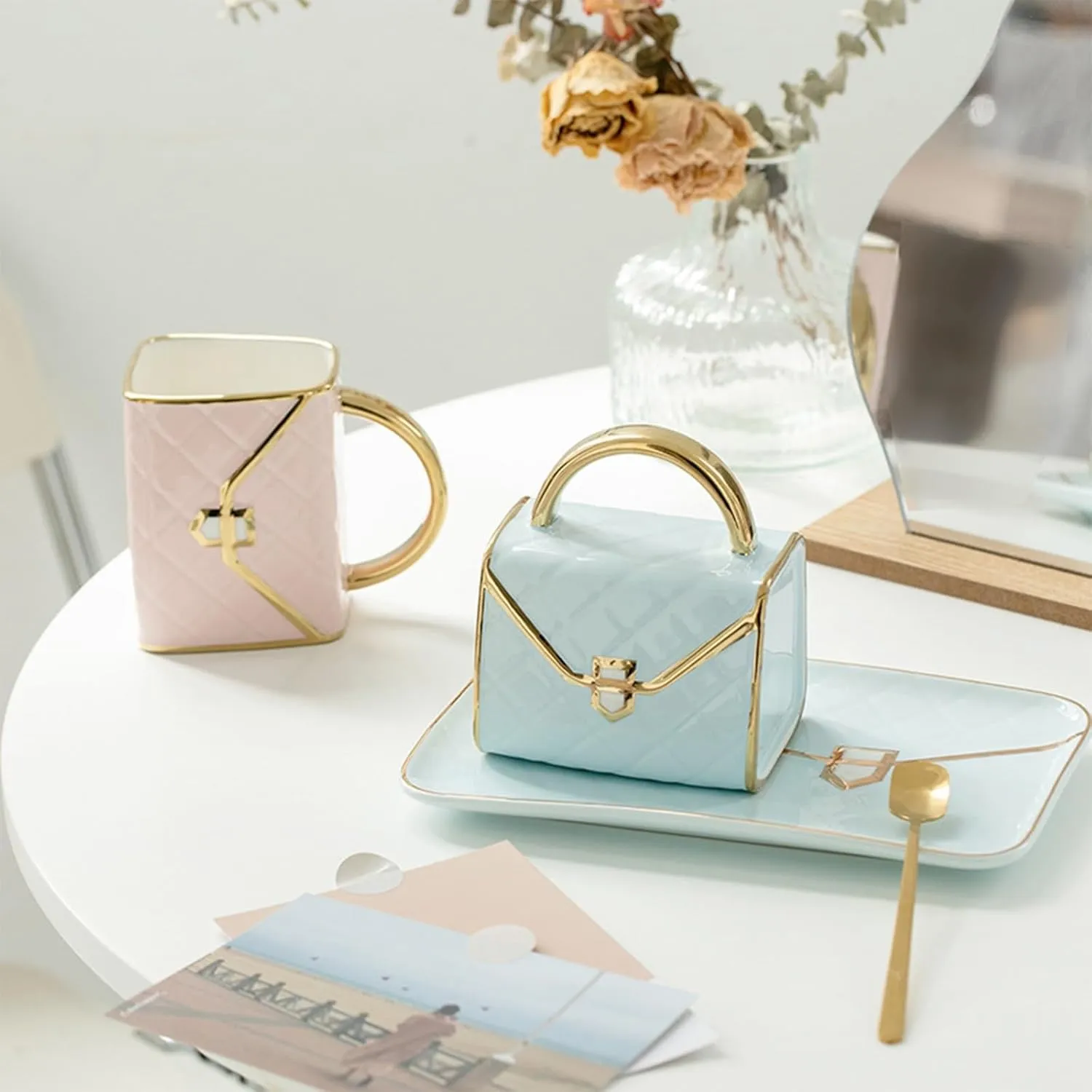 Ceramic Handbag Shaped Cup And Plate Set, Ceramic Coffee Cup And Tea Cup With Dish Spoon Suitable For Office And Home Coffee(E)
