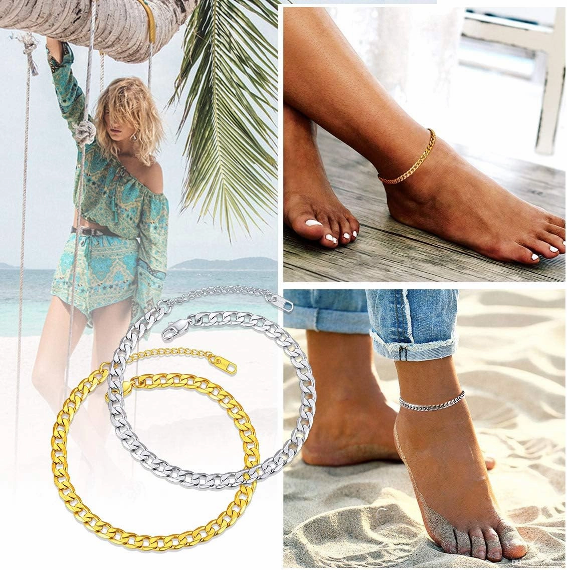 ChainsPro Resizable Anklet Chain for Women Men, Figaro/Wheat/Twist Rope/Cuban Foot Bracelet-Strong with Good Clasp-18K Gold Plated(Send Gift Box)