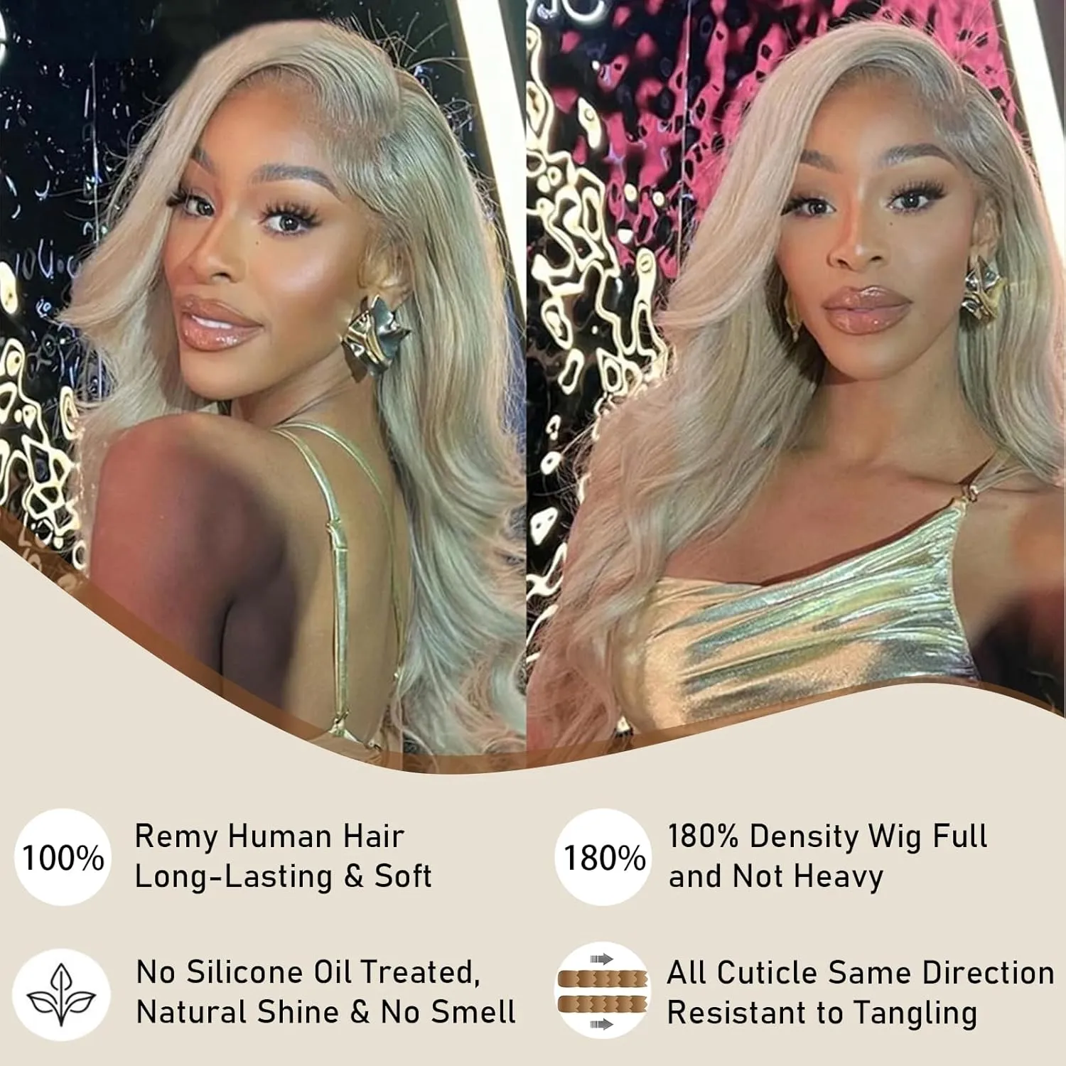 Champagne Golden Body Wave Lace Front Wig For Women Ash Blonde Grey Blonde Human Hair Wigs 13X4 UHD Transparent Lace Frontal Wig 180% Density Remy Brazilian Hair 22Inches