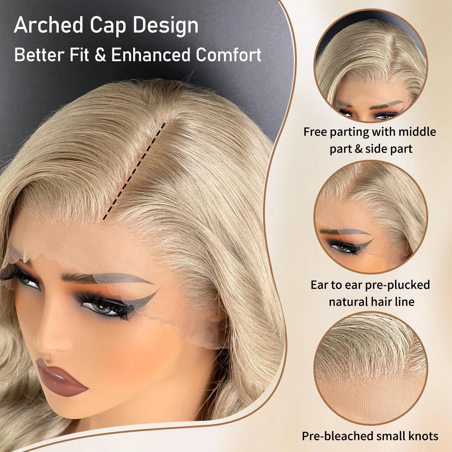Champagne Golden Body Wave Lace Front Wig For Women Ash Blonde Grey Blonde Human Hair Wigs 13X4 UHD Transparent Lace Frontal Wig 180% Density Remy Brazilian Hair 22Inches