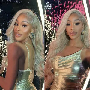 Champagne Golden Body Wave Lace Front Wig For Women Ash Blonde Grey Blonde Human Hair Wigs 13X4 UHD Transparent Lace Frontal Wig 180% Density Remy Brazilian Hair 22Inches