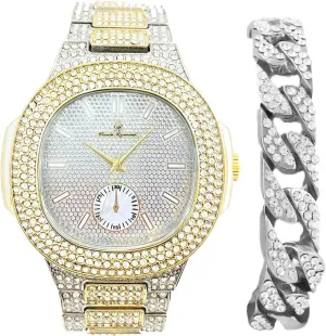 Charles Raymond Bling-ed Out Bracelet with Oblong Iced Look Hip Hop Watch - 8475BC Cuban