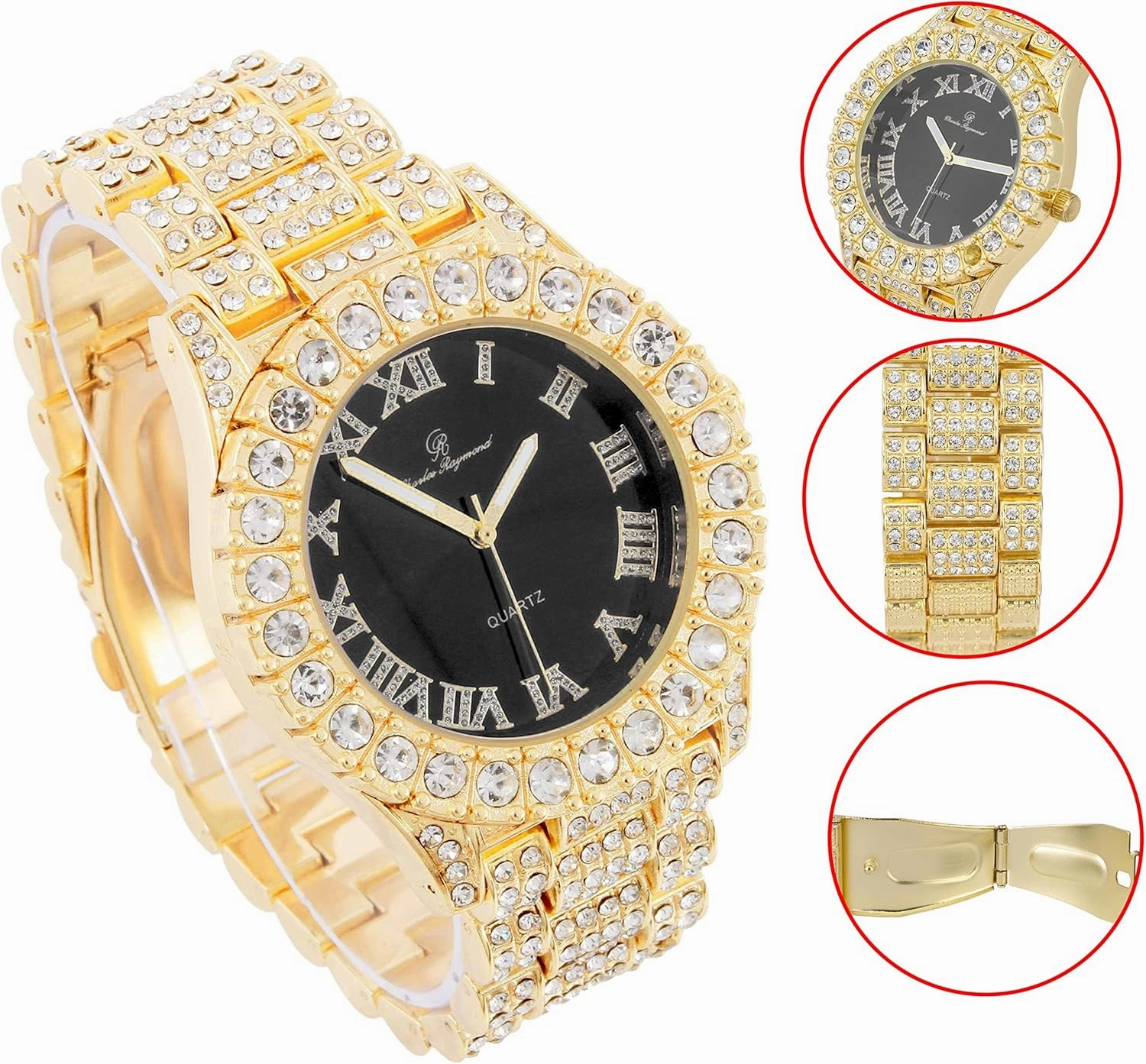 Charles Raymond Mens Silver Big Rocks with Roman Numerals Fully Iced Out Colorful Dial Watch w/Bling'ed Out Cuban Shiny Silver Bracelet - ST10327 RN Cuban