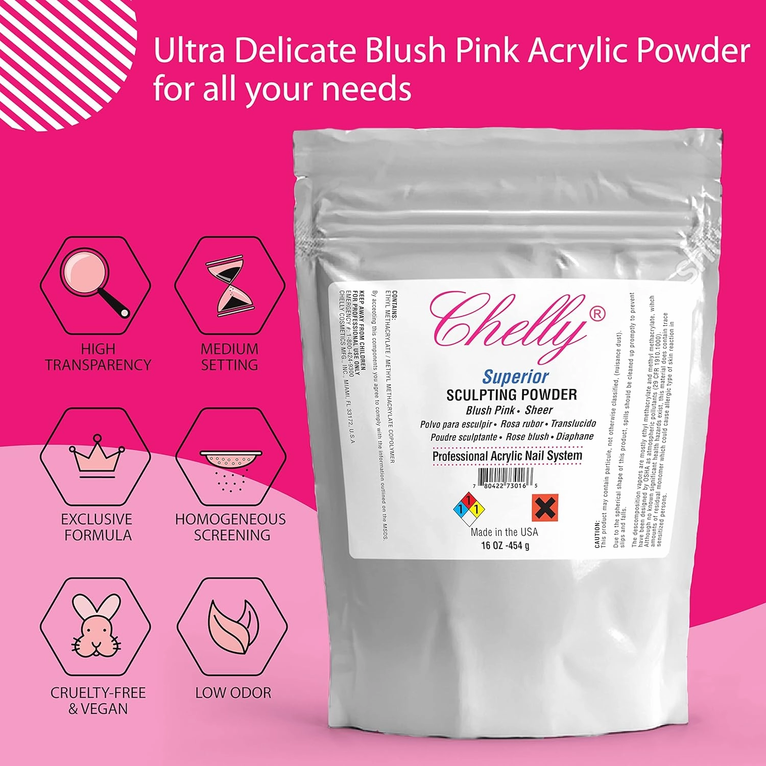 Chelly Superior Sculpting Powder Professional Acrylic Nail System Clear Blush Pink Medium Pink 16 oz 454 g (Blush Pink)