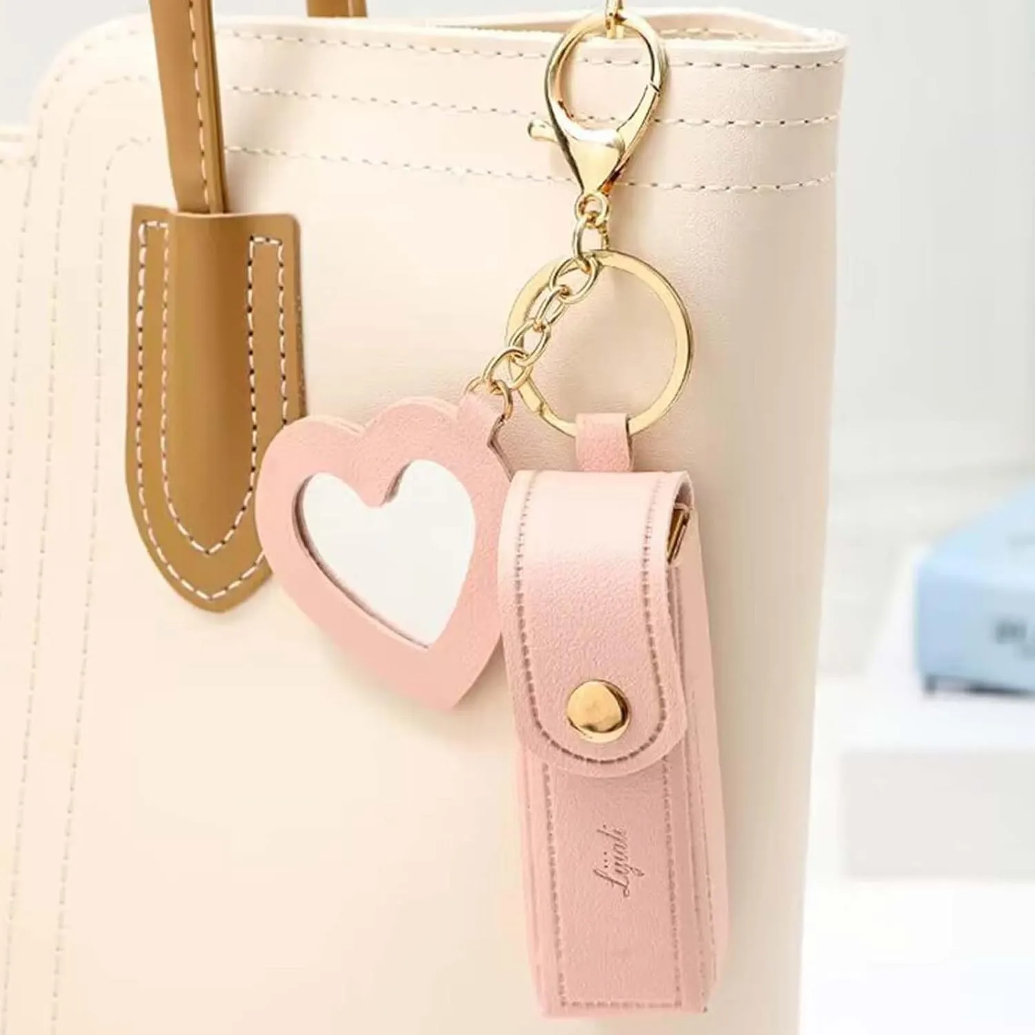 Cherishty Lip Oil Keychain, Lipstick Holderkeychain with Mirror, PU Leather Potable Lips Gloss Holder for Travel Storage (Red)