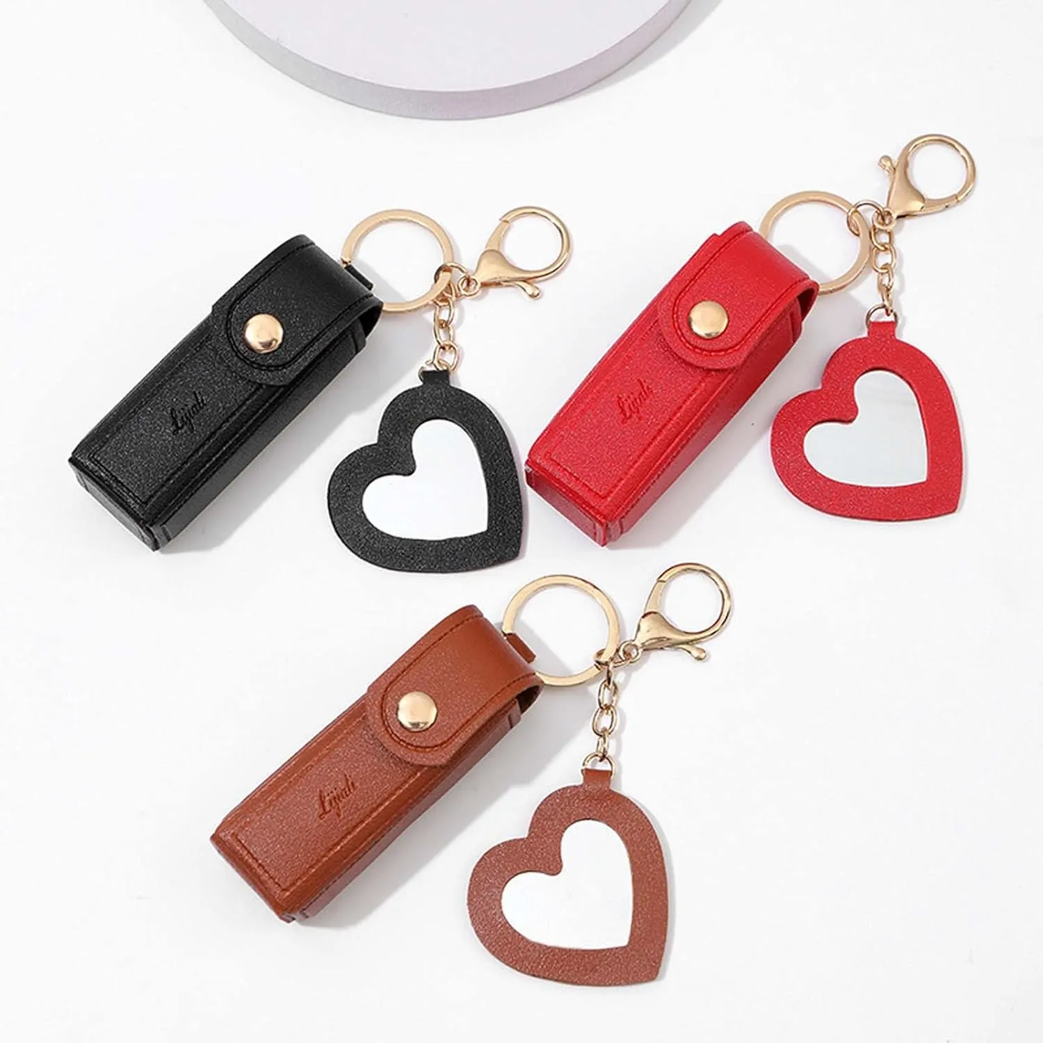 Cherishty Lip Oil Keychain, Lipstick Holderkeychain with Mirror, PU Leather Potable Lips Gloss Holder for Travel Storage (Red)
