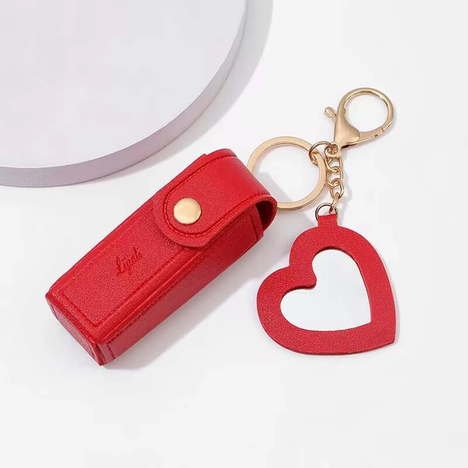 Cherishty Lip Oil Keychain, Lipstick Holderkeychain with Mirror, PU Leather Potable Lips Gloss Holder for Travel Storage (Red)