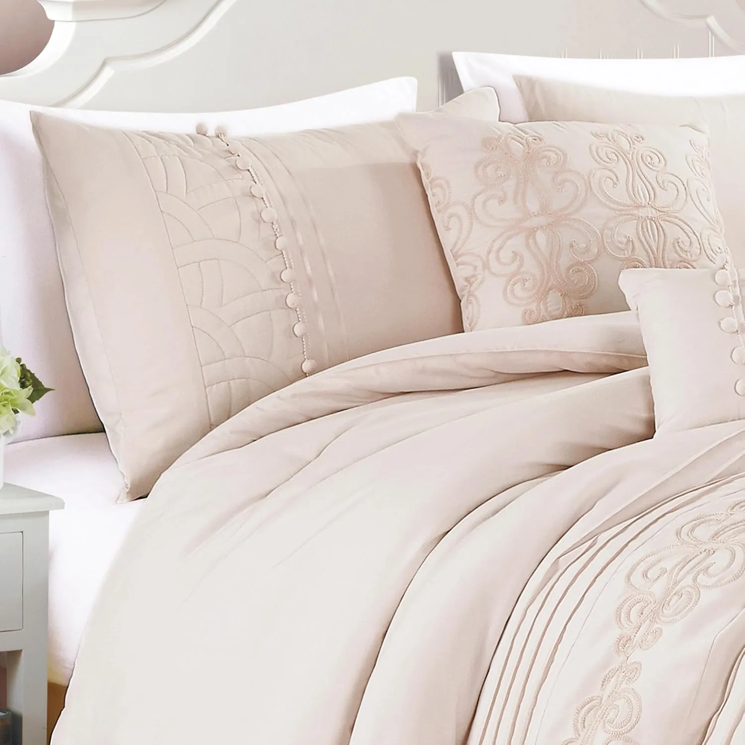 Chezmoi Collection Grace 7-Piece Blush Pink Floral Chenille Embroidered Pom Pom Pleated Stripe Comforter Set, California King