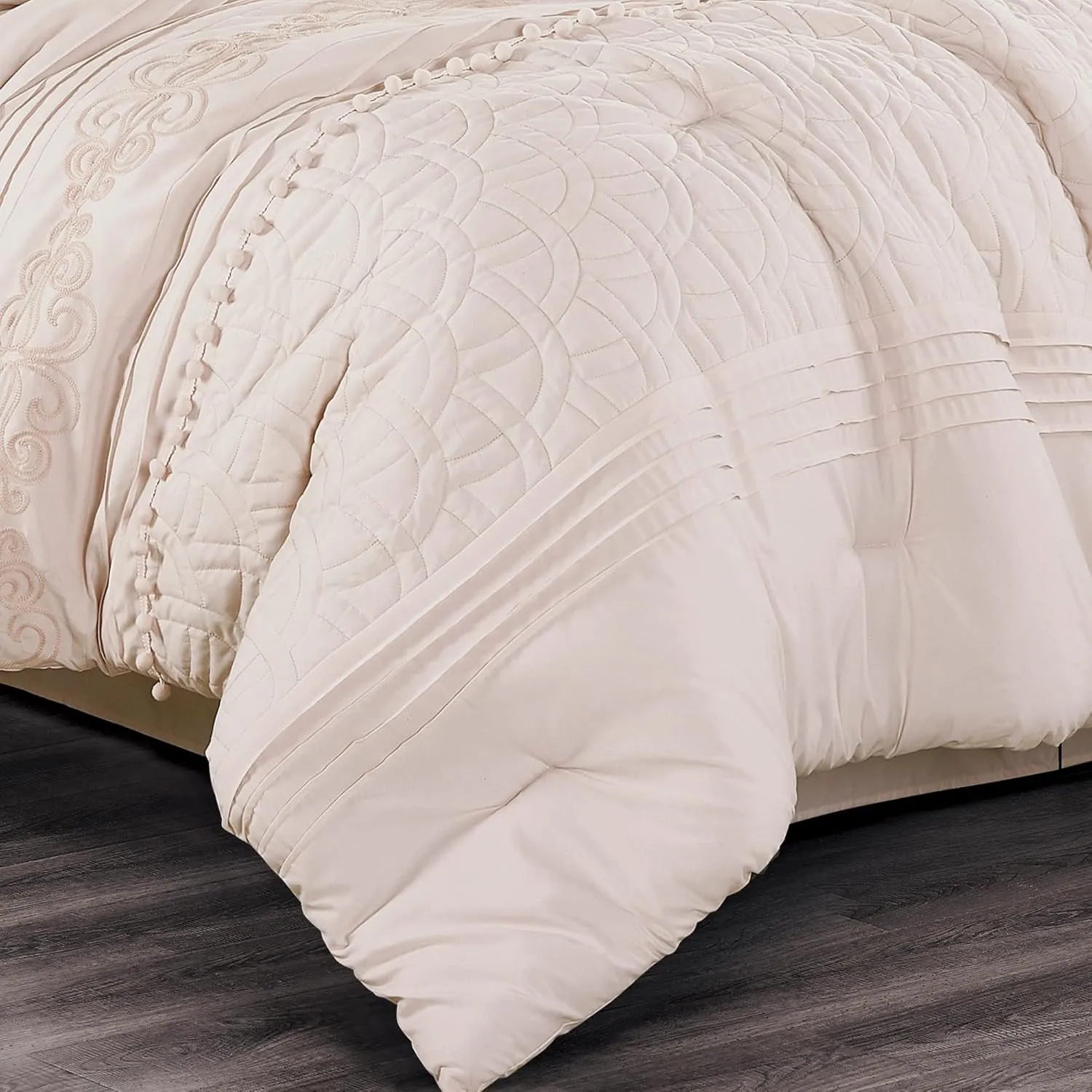 Chezmoi Collection Grace 7-Piece Blush Pink Floral Chenille Embroidered Pom Pom Pleated Stripe Comforter Set, California King
