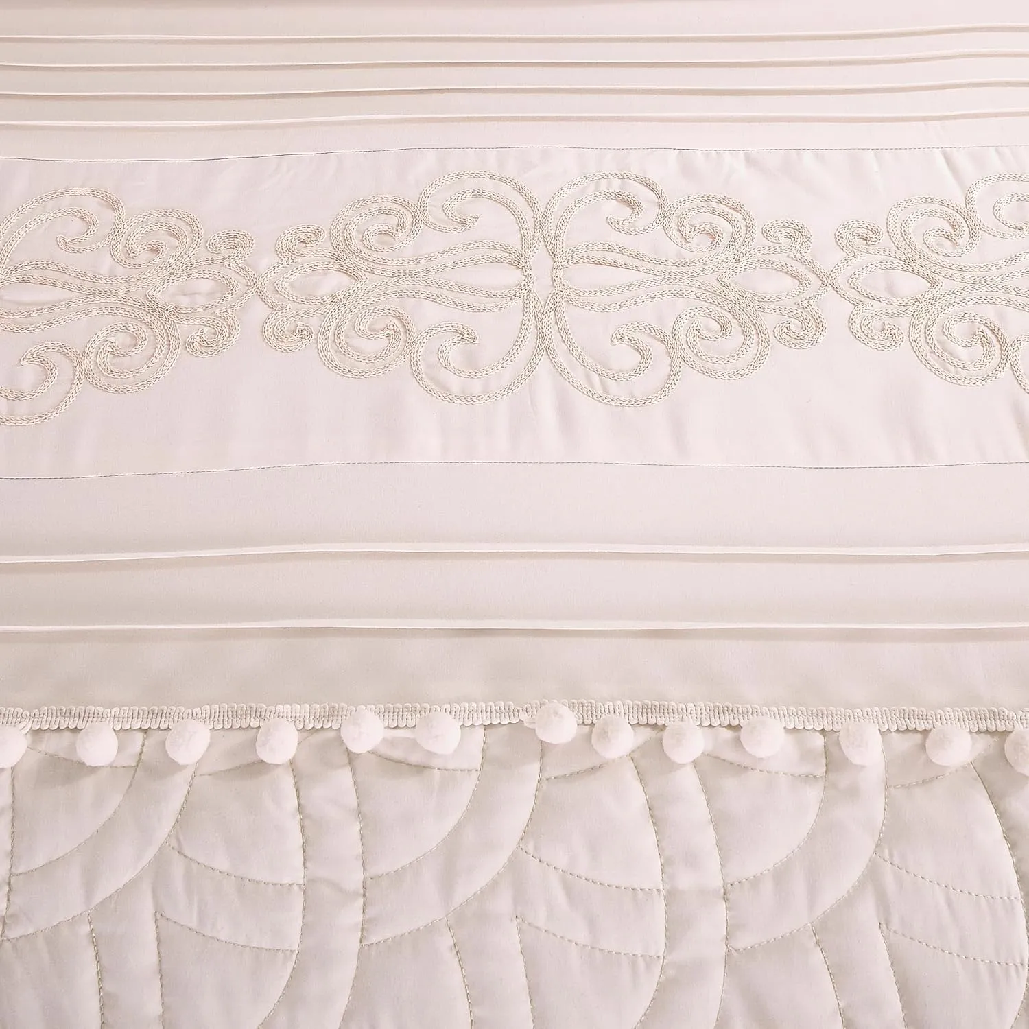 Chezmoi Collection Grace 7-Piece Blush Pink Floral Chenille Embroidered Pom Pom Pleated Stripe Comforter Set, California King