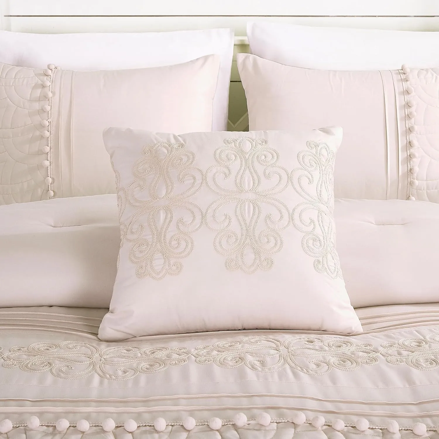 Chezmoi Collection Grace 7-Piece Blush Pink Floral Chenille Embroidered Pom Pom Pleated Stripe Comforter Set, California King