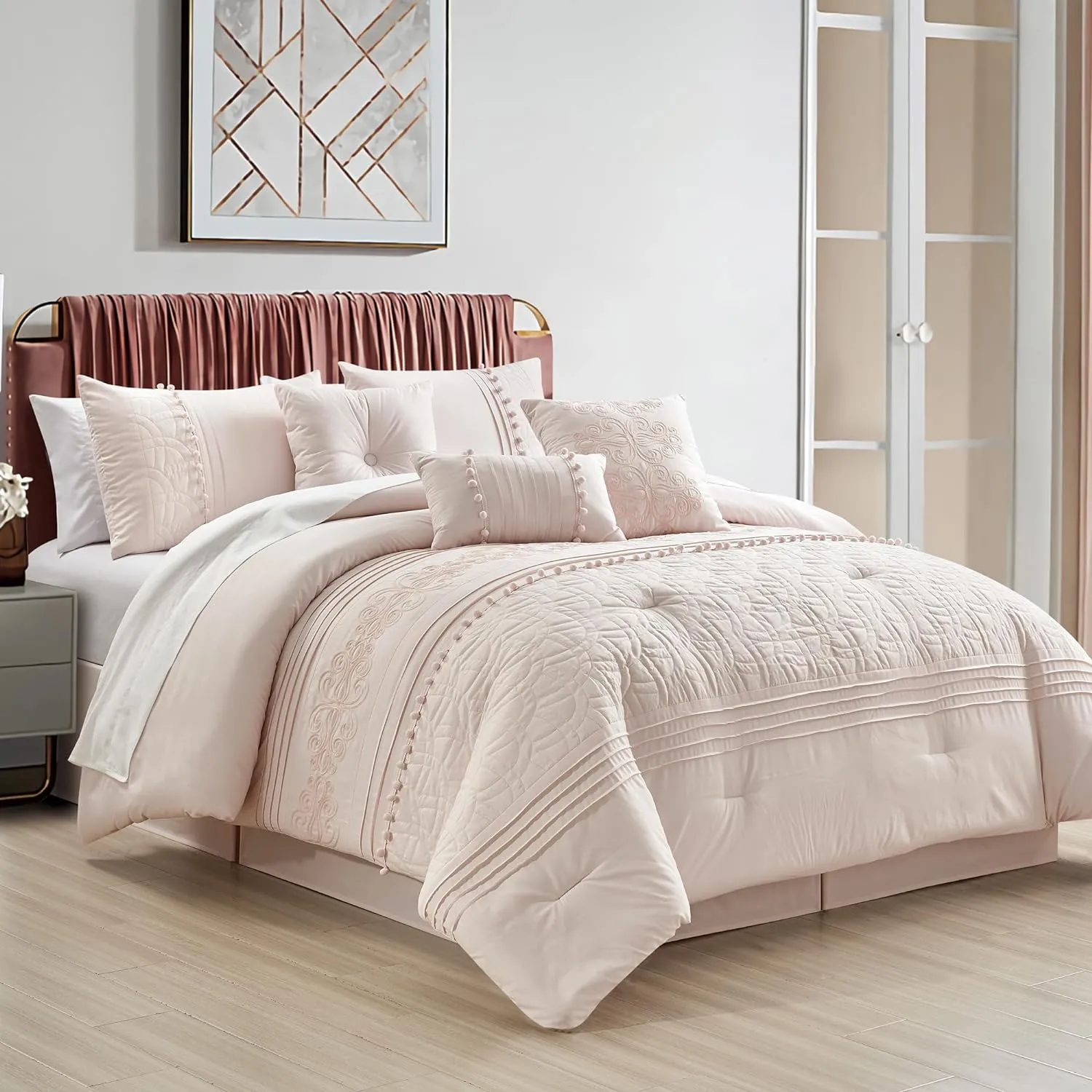 Chezmoi Collection Grace 7-Piece Blush Pink Floral Chenille Embroidered Pom Pom Pleated Stripe Comforter Set, California King