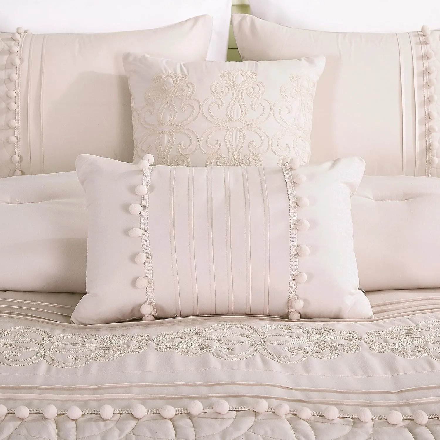 Chezmoi Collection Grace 7-Piece Blush Pink Floral Chenille Embroidered Pom Pom Pleated Stripe Comforter Set, California King