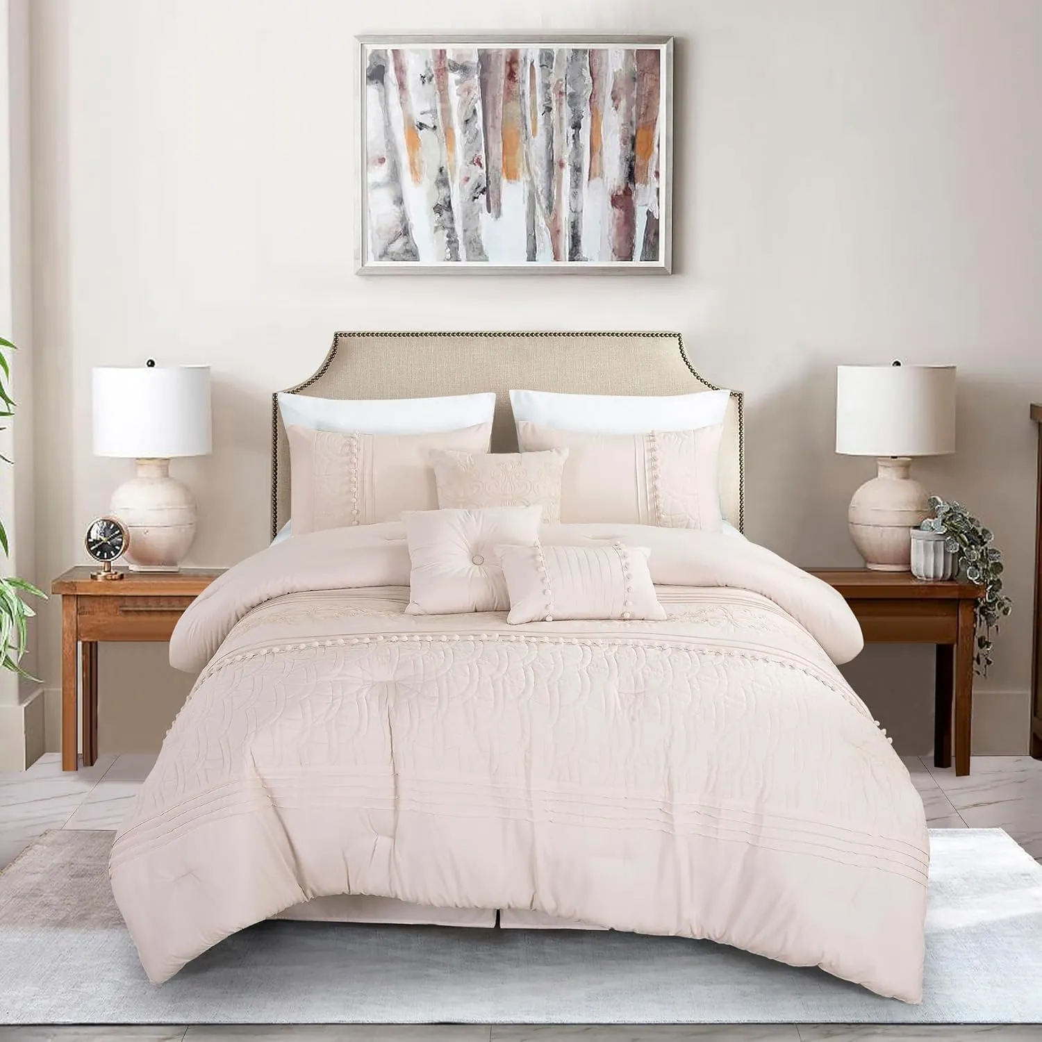 Chezmoi Collection Grace 7-Piece Blush Pink Floral Chenille Embroidered Pom Pom Pleated Stripe Comforter Set, California King