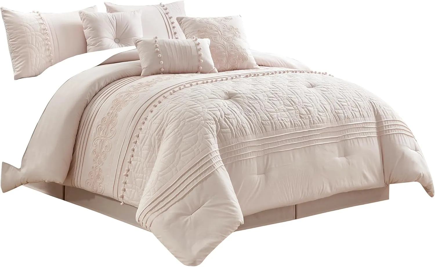 Chezmoi Collection Grace 7-Piece Blush Pink Floral Chenille Embroidered Pom Pom Pleated Stripe Comforter Set, California King