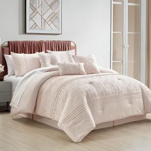 Chezmoi Collection Grace 7-Piece Blush Pink Floral Chenille Embroidered Pom Pom Pleated Stripe Comforter Set, California King