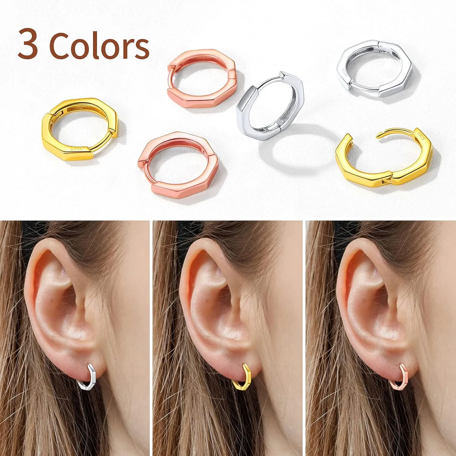ChicSilver 925 Sterling Silver Cubic Zirconia Small Huggie Hoop Earrings for Women, Diameter 10MM, Silver/Gold/Rose Gold
