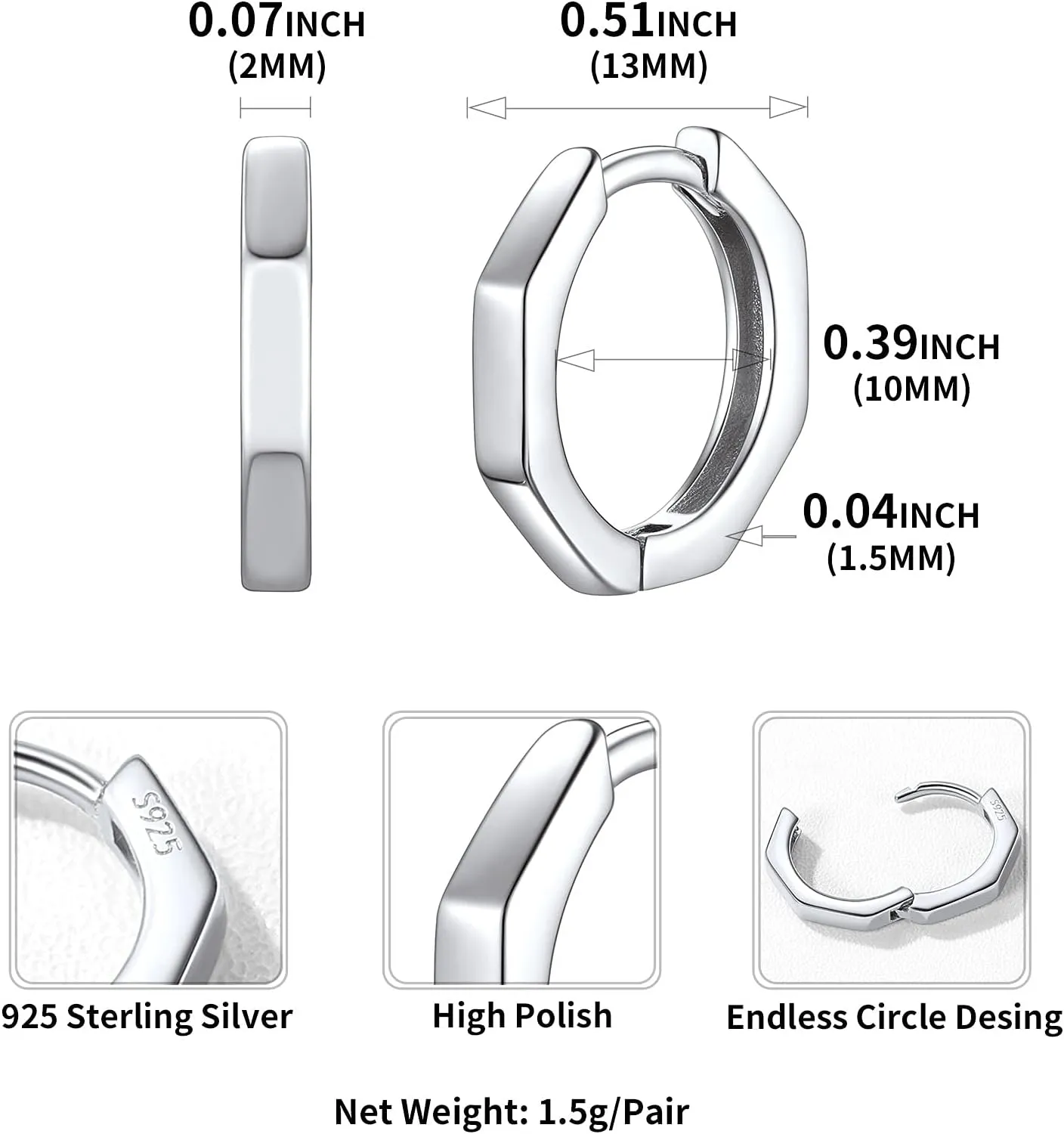 ChicSilver 925 Sterling Silver Cubic Zirconia Small Huggie Hoop Earrings for Women, Diameter 10MM, Silver/Gold/Rose Gold