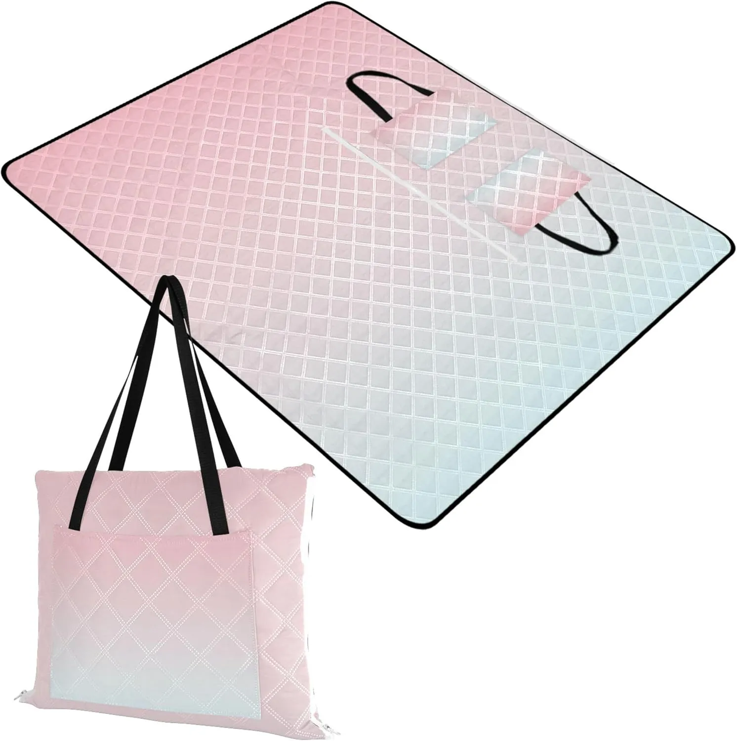 CHIFIGNO Blush Pink Cyan Gradient Foldable Mat Picnic Blanket no Sand Beach Blanket Waterproof Outdoor Play Mat for Grass 80" x 60"