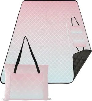 CHIFIGNO Blush Pink Cyan Gradient Foldable Mat Picnic Blanket no Sand Beach Blanket Waterproof Outdoor Play Mat for Grass 80" x 60"