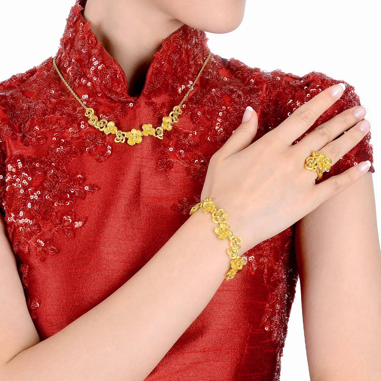 CHOW SANG SANG Chinese Wedding Collection 999.9 24K Gold Price-by-Weight Gold Floral Rosy Blooming Necklace for Women 86377N | 18.8 Inches, (48 CM)