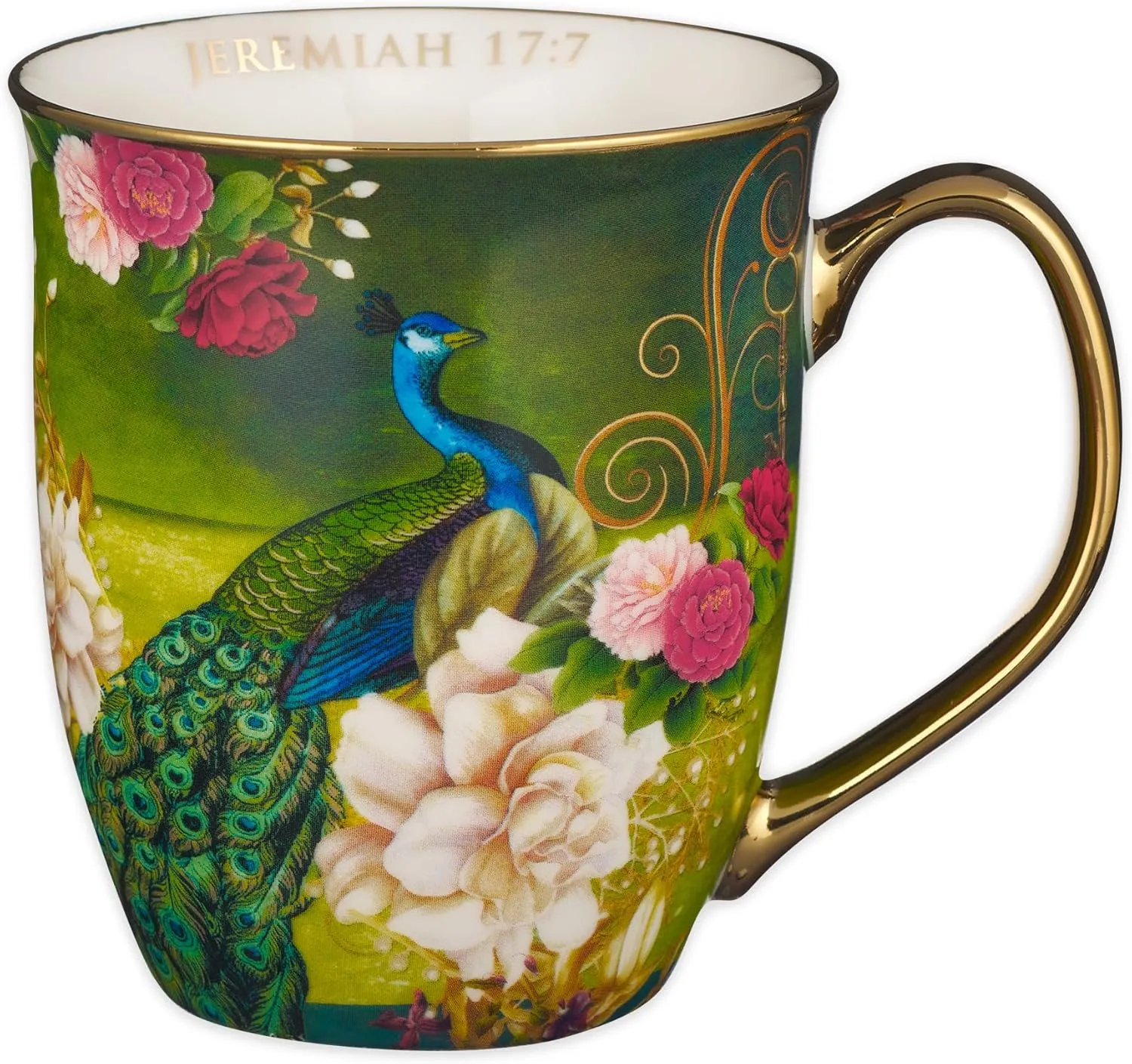 Christian Art Gifts Blue Peacock Ceramic Coffee Mug with Gold Accents – 14 oz. Lead and Cadmium-free Inspirational Scripture Coffee and Tea Mug for Women & Men with Bible Verse: Blessed –Jeremiah 17:7
