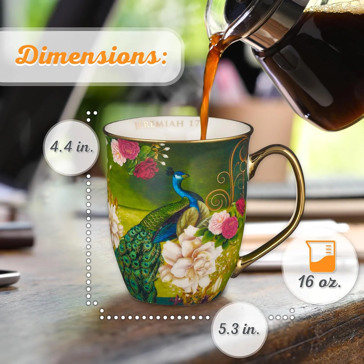 Christian Art Gifts Blue Peacock Ceramic Coffee Mug with Gold Accents – 14 oz. Lead and Cadmium-free Inspirational Scripture Coffee and Tea Mug for Women & Men with Bible Verse: Blessed –Jeremiah 17:7
