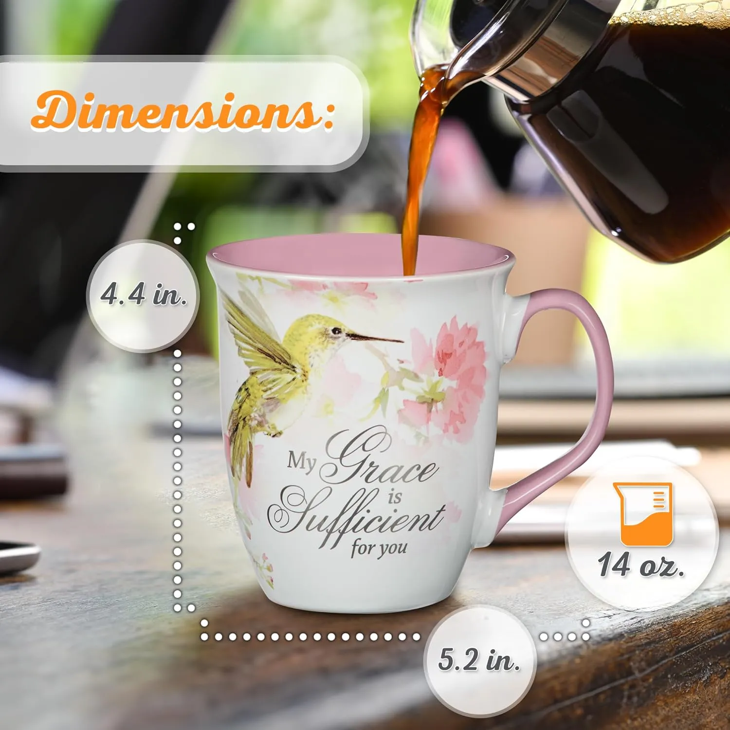 Christian Art Gifts Large Ceramic Inspirational Scripture Coffee & Tea Mug for Women: Grace is Sufficient Silver Bible Verse, Cute Lime Green Hummingbird Novelty Drinkware, White/Pink Floral, 14 oz.