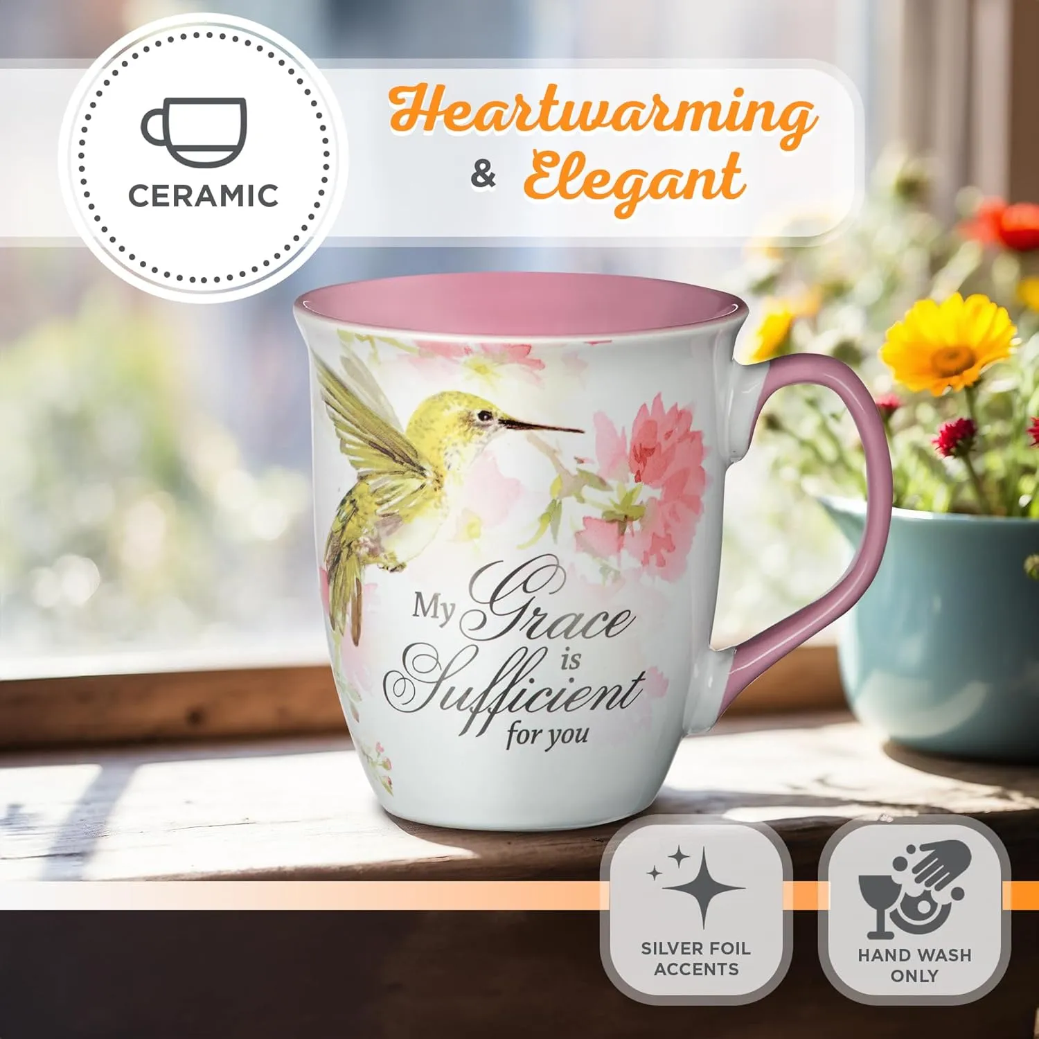 Christian Art Gifts Large Ceramic Inspirational Scripture Coffee & Tea Mug for Women: Grace is Sufficient Silver Bible Verse, Cute Lime Green Hummingbird Novelty Drinkware, White/Pink Floral, 14 oz.