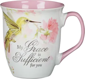 Christian Art Gifts Large Ceramic Inspirational Scripture Coffee & Tea Mug for Women: Grace is Sufficient Silver Bible Verse, Cute Lime Green Hummingbird Novelty Drinkware, White/Pink Floral, 14 oz.