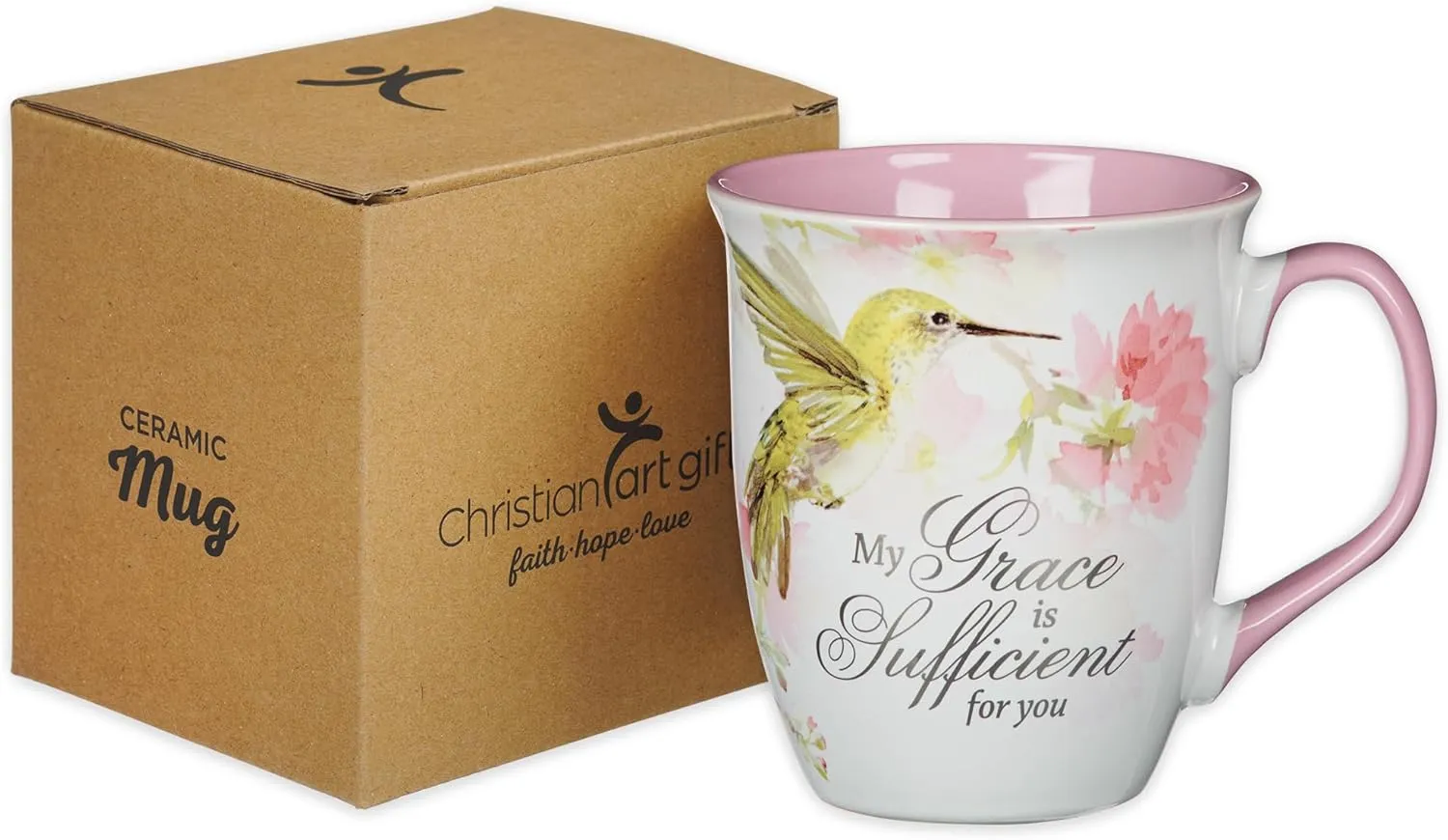 Christian Art Gifts Large Ceramic Inspirational Scripture Coffee & Tea Mug for Women: Grace is Sufficient Silver Bible Verse, Cute Lime Green Hummingbird Novelty Drinkware, White/Pink Floral, 14 oz.