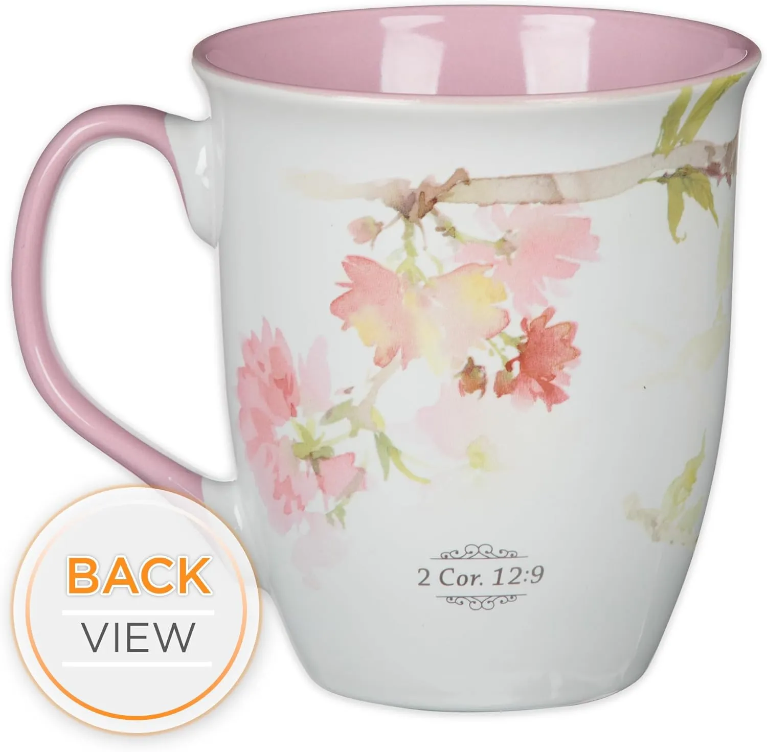 Christian Art Gifts Large Ceramic Inspirational Scripture Coffee & Tea Mug for Women: Grace is Sufficient Silver Bible Verse, Cute Lime Green Hummingbird Novelty Drinkware, White/Pink Floral, 14 oz.