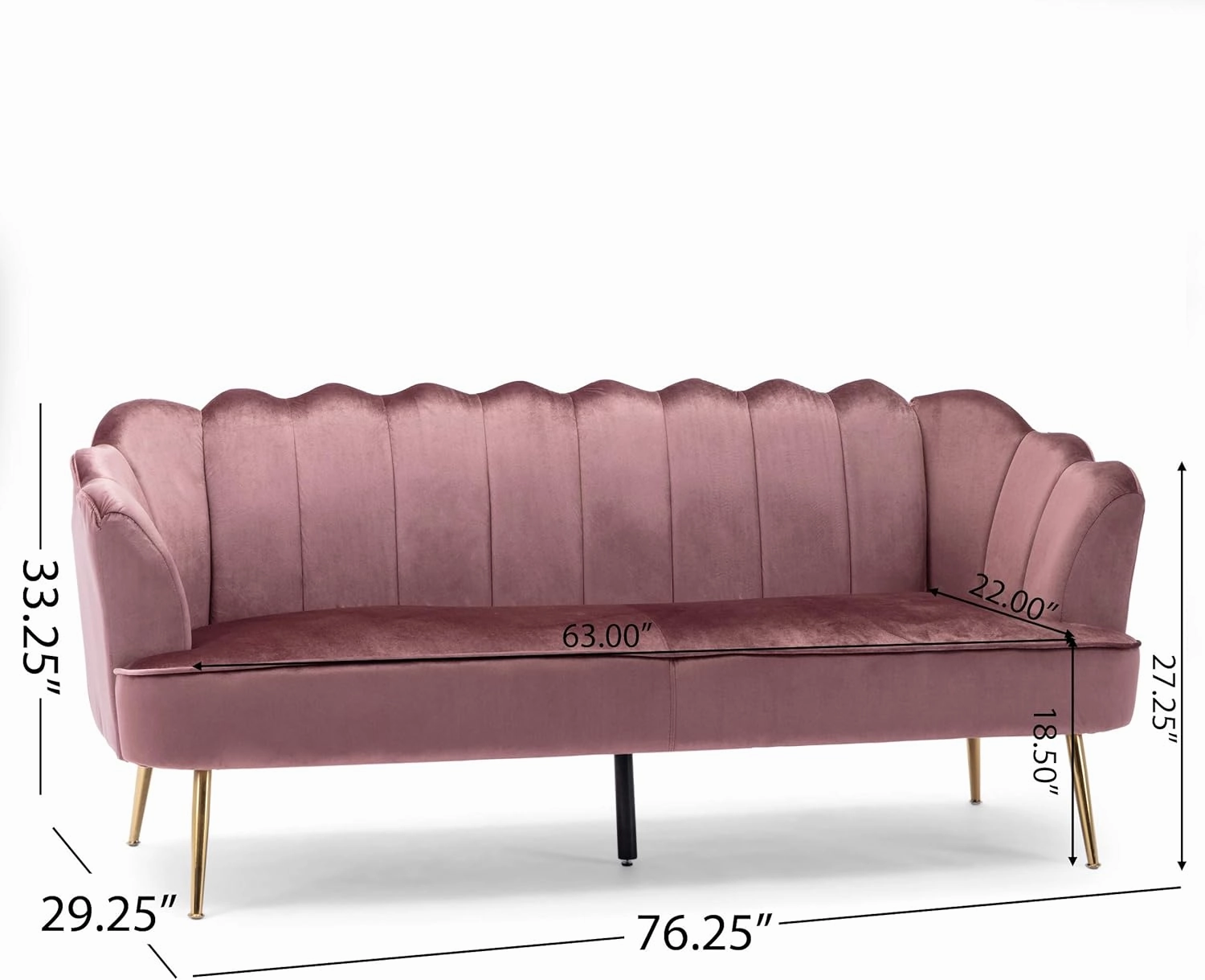 Christopher Knight Home Reitz Channel Stitch 3 Seater Shell Sofa - Velvet - Blush Pink/Gold