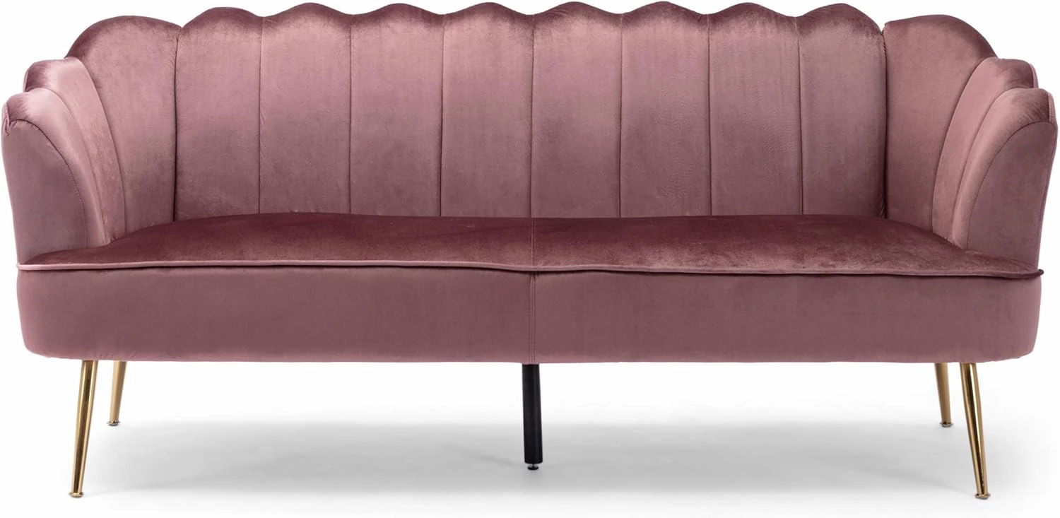 Christopher Knight Home Reitz Channel Stitch 3 Seater Shell Sofa - Velvet - Blush Pink/Gold