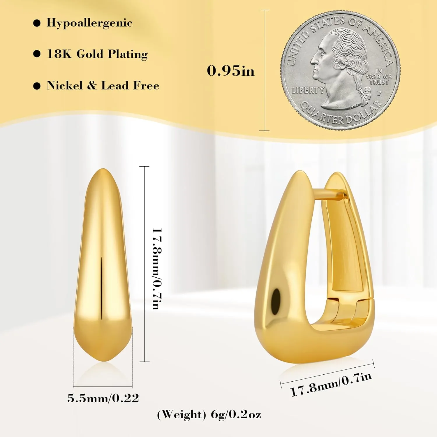 Chunky Gold Earrings for Women,18K Gold Plated Statement Geometric Earrings Hypoallergenic Hoop Earrings for Women