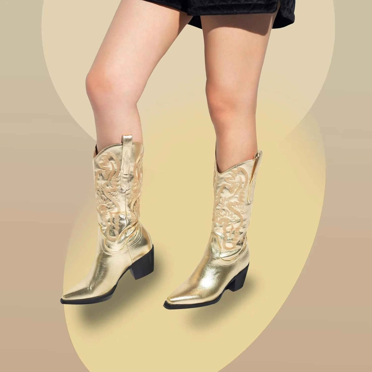 CIERWS Women's Embroidered Western Cowboy Boots Cowgirl Boots Knee High Medium Heel Chunky Heel Classic Retro Boots