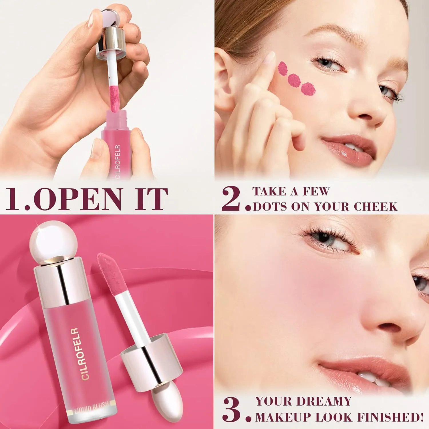 Cilrofelr Dewy Liquid Blush, Soft Cream Liquid Blush for Cheek, Buildable & Blendable Pigment, Lightweight & Smooth Texture, Longwear Formula for a Soft, Natural Flush (02 Fuchsia Pink)