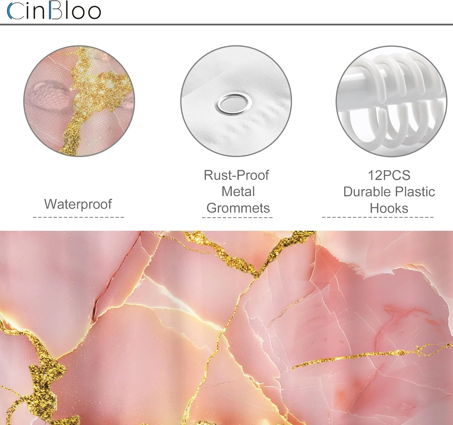 Cinbloo Abstract Pink Shower Curtain 60Wx72H Rose Gold Modern Ink Texture Blush Golden Line Elegant Minimalist Bathroom Curtain Set for Girls Woman Luxury Marble Bathroom Decor with 12 Hook