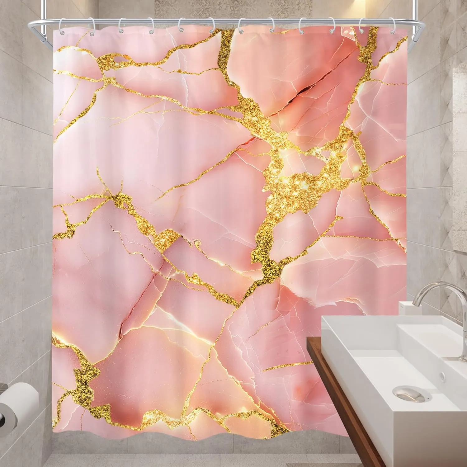 Cinbloo Abstract Pink Shower Curtain 60Wx72H Rose Gold Modern Ink Texture Blush Golden Line Elegant Minimalist Bathroom Curtain Set for Girls Woman Luxury Marble Bathroom Decor with 12 Hook